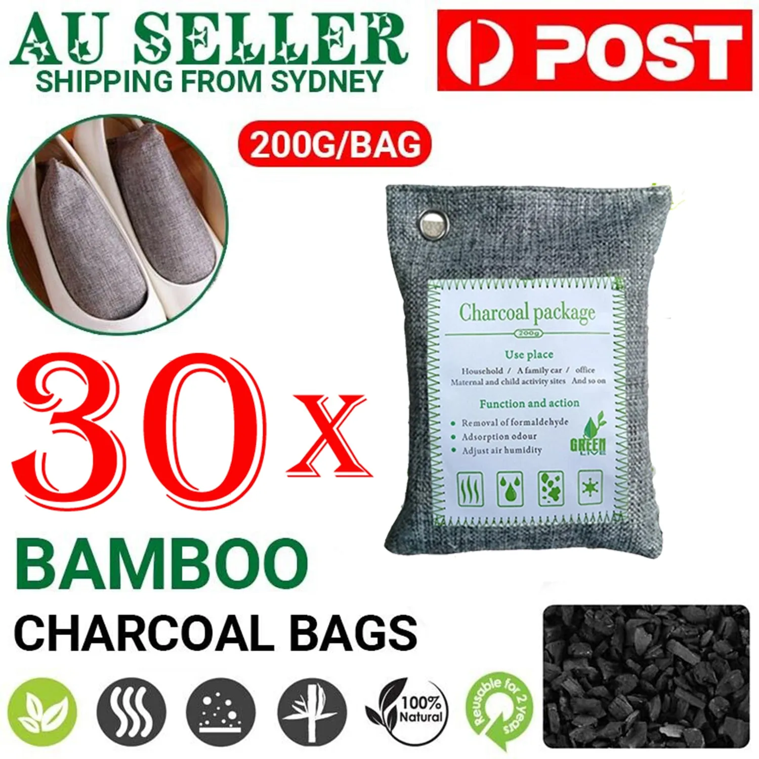 30PCS 200g Bamboo Charcoal Air Purifying Bags Odor Remover