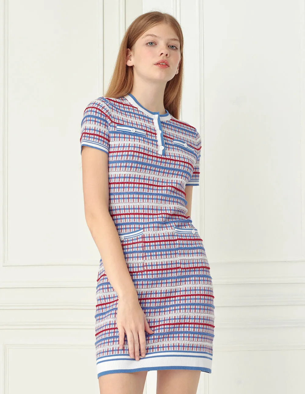 BORA AKSU Blue, red, white soft knit dress