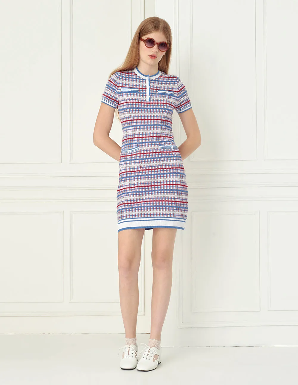 BORA AKSU Blue, red, white soft knit dress