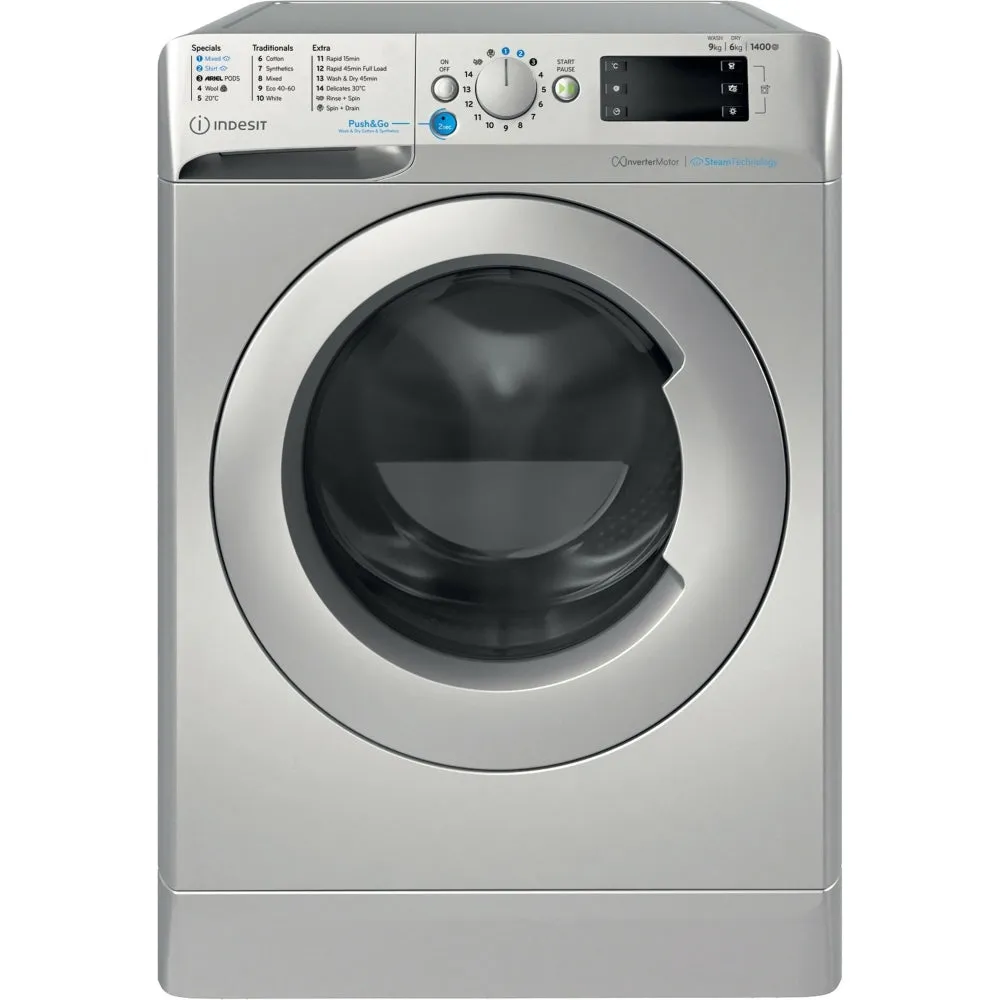 Indesit BDE96436SV Washer Dryer, Wash 9kg Dry 6kg, 1400 Spin, Silver, D Rated