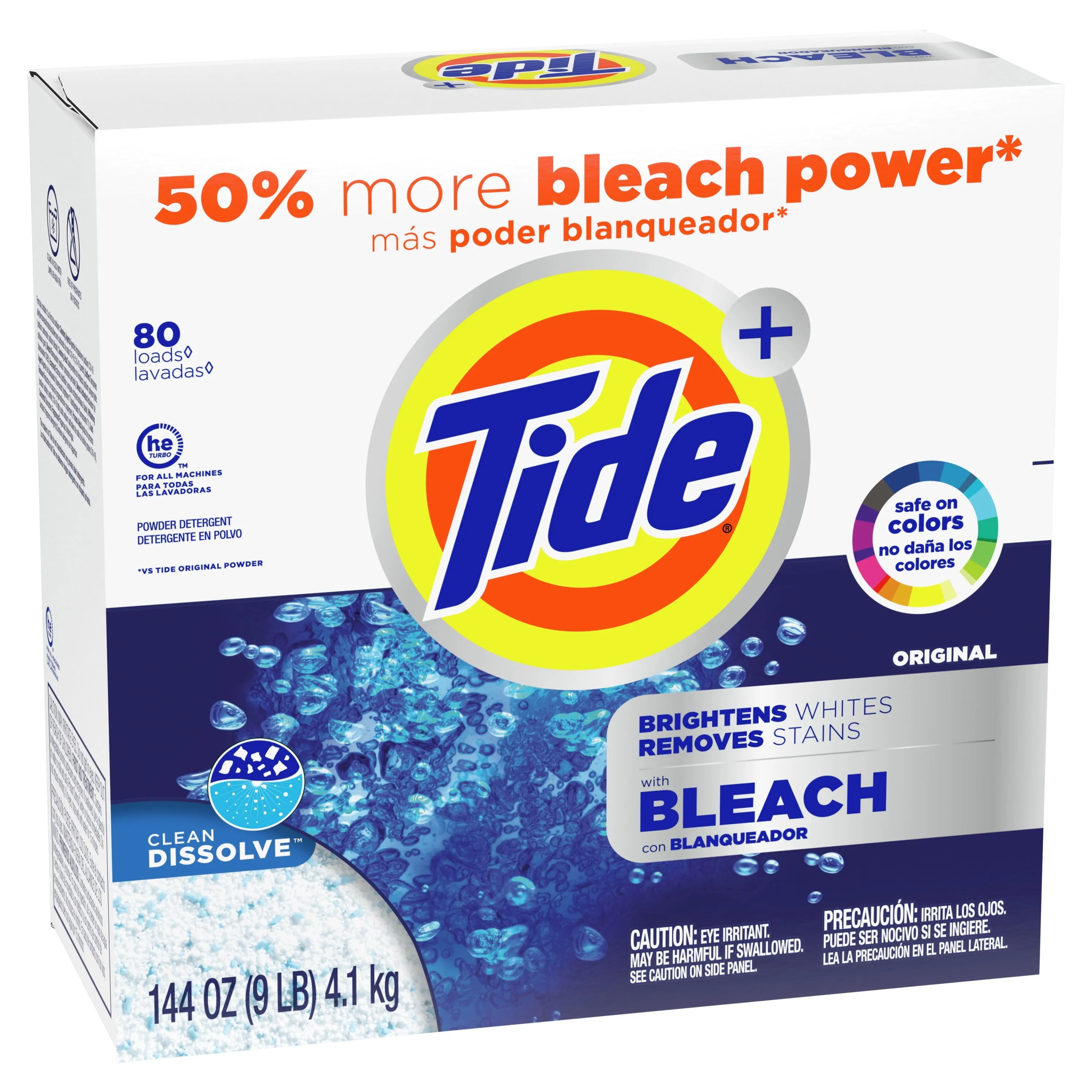 Tide Plus Bleach 80 Loads, Powder Laundry Detergent, 144 oz